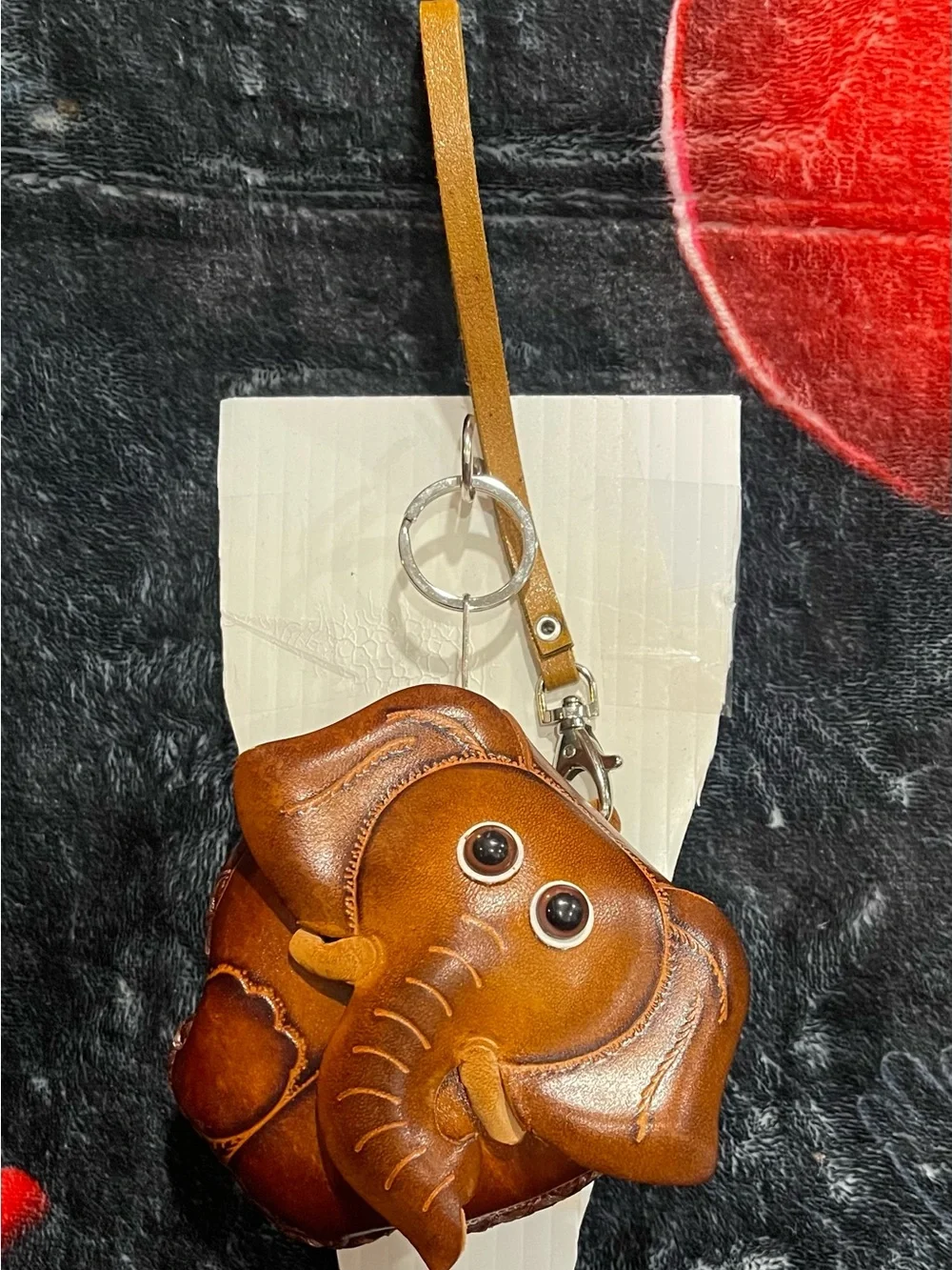 Elephant Genuine Leather Coin Purse Keychain in Warm Brown
